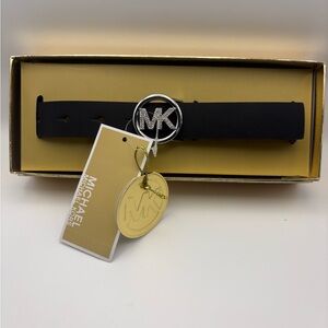 Michael Kors Black Leather Belt with Silver Rhinestone MK Buckle L/XL